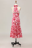 Vestido de invitada de boda midi con estampado de sirena y flores rojas