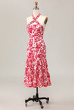 Vestido de invitada de boda midi con estampado de sirena y flores rojas