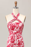 Vestido de invitada de boda midi con estampado de sirena y flores rojas