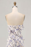Vestido de dama de honor con volantes sin tirantes con vaina floral azul