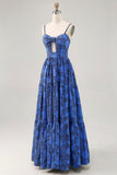 Vestido de invitada de boda con tirantes de espagueti azul de línea A floral