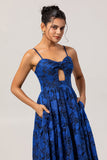 Vestido de fiesta con tirantes finos en jacquard A de jacquard azul oscuro