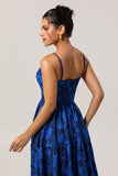 Vestido de fiesta con tirantes finos en jacquard A de jacquard azul oscuro