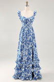 Vestido de invitada de boda azul con volantes estampado con hombros descubiertos y abertura