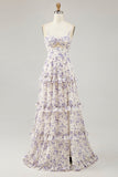 Vestido de invitada de boda con corte de flor púrpura con abertura