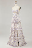 Vestido de invitada de boda con corte de flor púrpura con abertura