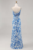 Vestido largo de invitada de boda sirena con cuello de campana de flores azules