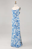 Vestido largo de invitada de boda sirena con cuello de campana de flores azules