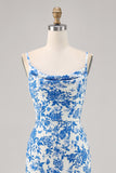 Vestido largo de invitada de boda sirena con cuello de campana de flores azules