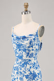 Vestido largo de invitada de boda sirena con cuello de campana de flores azules