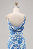Vestido largo de invitada de boda sirena con cuello de campana de flores azules