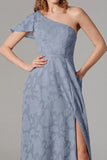 Vestido de dama de honor de un hombro azul empolvado de una línea con abertura