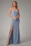 Vestido de dama de honor con tirantes de espagueti azul empolvado con abertura