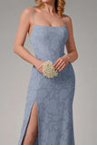 Vestido de dama de honor con tirantes de espagueti azul empolvado con abertura