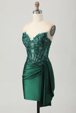 Corsé sin tirantes verde oscuro brillante lentejuelas Vestido de regreso a casa ajustado con serpentina