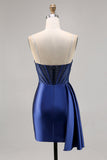 Vestido de regreso a casa con corsé de cuentas de satén azul marino con faja
