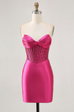 Corsé fucsia brillante ajustado vestido corto de satén de regreso a casa