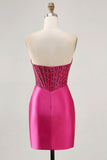 Corsé fucsia brillante ajustado vestido corto de satén de regreso a casa