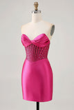 Corsé fucsia brillante ajustado vestido corto de satén de regreso a casa