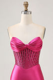 Corsé fucsia brillante ajustado vestido corto de satén de regreso a casa