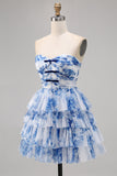 A Line Strapless Tiered Corsé Blanco Flor Azul Vestido de regreso a casa con cordones en la espalda
