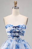 A Line Strapless Tiered Corsé Blanco Flor Azul Vestido de regreso a casa con cordones en la espalda