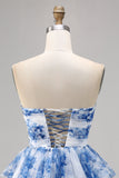 A Line Strapless Tiered Corsé Blanco Flor Azul Vestido de regreso a casa con cordones en la espalda
