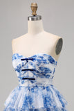 A Line Strapless Tiered Corsé Blanco Flor Azul Vestido de regreso a casa con cordones en la espalda