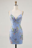 Vestido corto de regreso a casa floral de pavo real con lentejuelas
