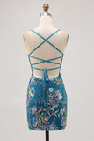 Vestido corto de regreso a casa floral de pavo real con lentejuelas