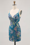 Vestido corto de regreso a casa floral de pavo real con lentejuelas