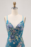 Vestido corto de regreso a casa floral de pavo real con lentejuelas