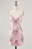 Vestido corto de regreso a casa floral de pavo real con lentejuelas