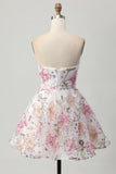 Vestido corto de regreso a casa floral sin tirantes brillante de una línea con lentejuelas