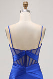 Corsé transparente azul real plisado ajustado vestido de regreso a casa con abertura