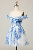 Flor Azul Blanco Con El Hombro TUna Línea Vestido Corto De Regreso A