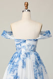 Flor Azul Blanco Con El Hombro TUna Línea Vestido Corto De Regreso A