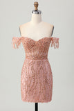 Dusty Rose Bodycon Off The Shoulder Corsé Vestido Corto de Regreso a Casa con Abalorios