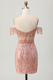 Dusty Rose Bodycon Off The Shoulder Corsé Vestido Corto de Regreso a Casa con Abalorios