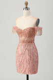 Dusty Rose Bodycon Off The Shoulder Corsé Vestido Corto de Regreso a Casa con Abalorios