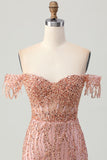 Dusty Rose Bodycon Off The Shoulder Corsé Vestido Corto de Regreso a Casa con Abalorios