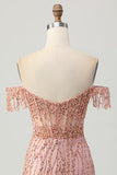 Dusty Rose Bodycon Off The Shoulder Corsé Vestido Corto de Regreso a Casa con Abalorios