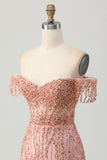 Dusty Rose Bodycon Off The Shoulder Corsé Vestido Corto de Regreso a Casa con Abalorios