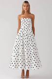 Vestido Blanco Sin Tirantes A Line Negro de Lunares