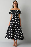 Hombro Off Negro Blanco Vestido A Line Lunares