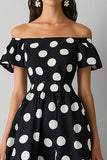 Hombro Off Negro Blanco Vestido A Line Lunares