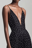 Tirantes finos con cuello en V negro Vestido de lunares blancos de una línea