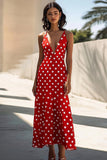 Tirantes de espagueti rojos con escote en V A Line Vestido de lunares blancos