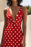 Tirantes de espagueti rojos con escote en V A Line Vestido de lunares blancos