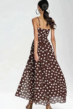 Café Spaghetti Straps Largo A Line Vestido de lunares blancos